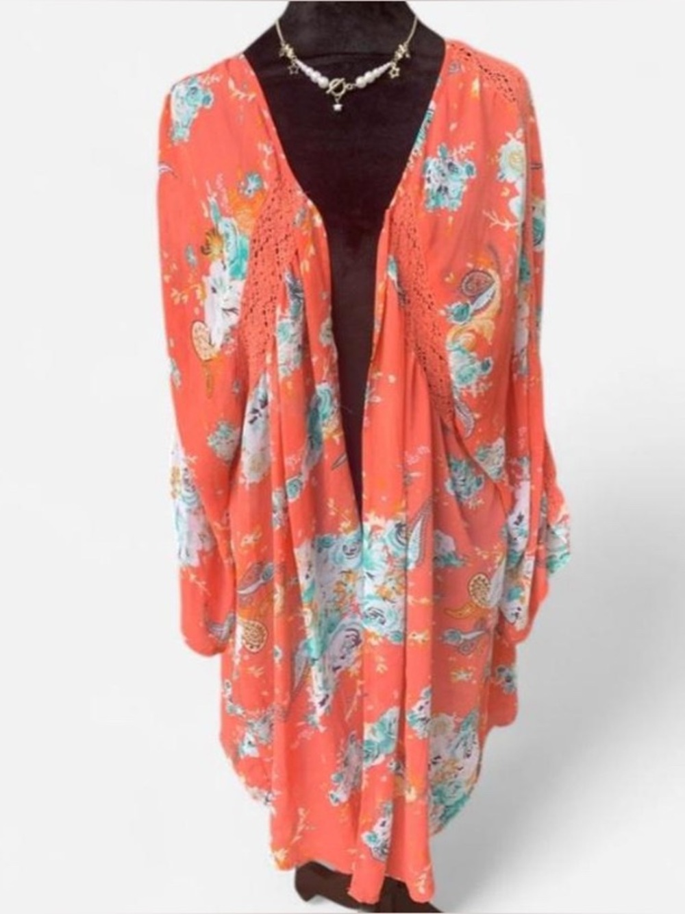 Coastal Boho Glam Peach Floral and Paisley Open Front Kimono with Crochet Panels